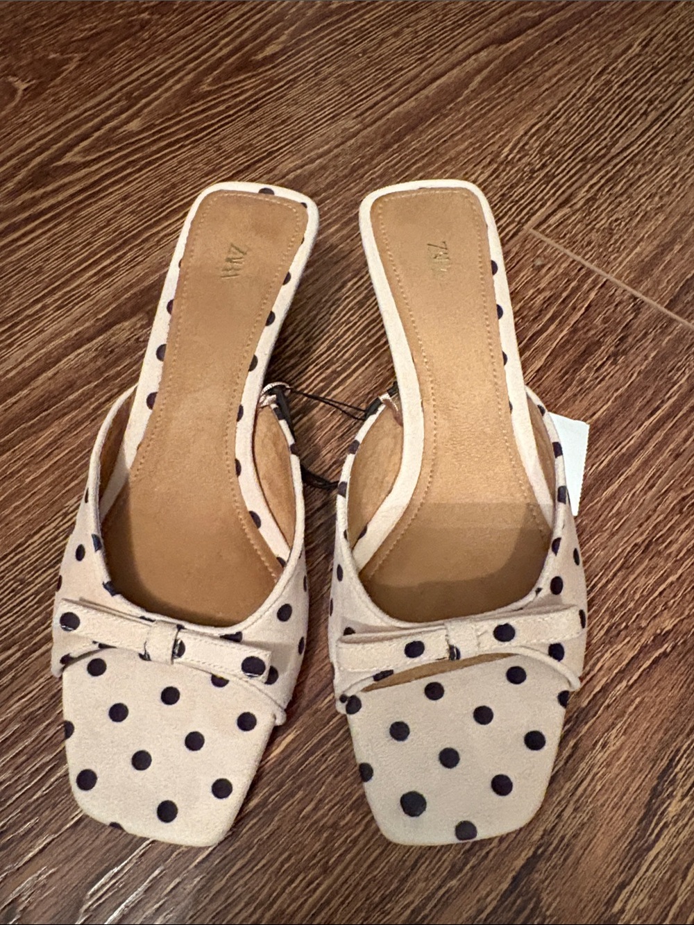 Zara Cream Polka Dot Slide Mules with Bow Accent